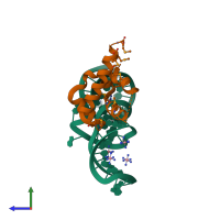 PDB entry 2pxd coloured by chain, side view.