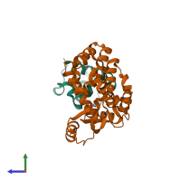 Hetero dimeric assembly 2 of PDB entry 2qb0 coloured by chemically distinct molecules, side view.