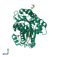 PDB entry 2qcv coloured by chain, side view.