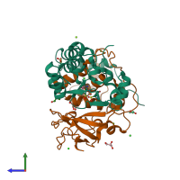 PDB entry 2qdy coloured by chain, side view.