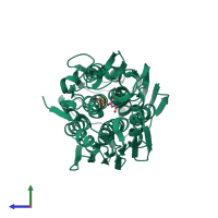 Monomeric assembly 1 of PDB entry 2qfu coloured by chemically distinct molecules, side view.