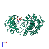 Monomeric assembly 1 of PDB entry 2qo7 coloured by chemically distinct molecules, top view.