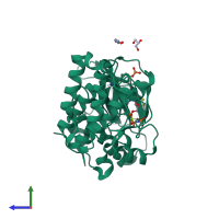 PDB entry 2qo7 coloured by chain, side view.