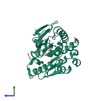 Monomeric assembly 1 of PDB entry 2qru coloured by chemically distinct molecules, side view.