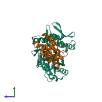 PDB entry 2qwo coloured by chain, side view.