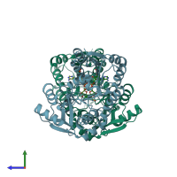 PDB entry 2qx7 coloured by chain, side view.