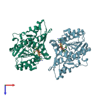 PDB entry 2qx7 coloured by chain, top view.