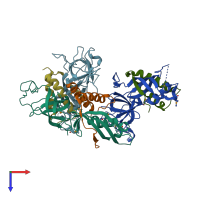 PDB entry 2rf4 coloured by chain, top view.