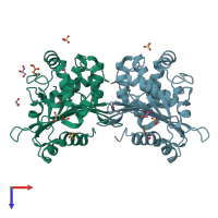 PDB entry 2rl3 coloured by chain, top view.