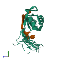 PDB entry 2rs2 coloured by chain, ensemble of 20 models, side view.