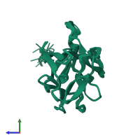 PDB entry 2rst coloured by chain, ensemble of 20 models, side view.