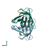 PDB entry 2rtp coloured by chain, side view.