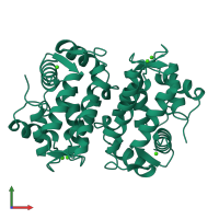 Homo dimeric assembly 1 of PDB entry 2scp coloured by chemically distinct molecules, front view.