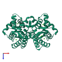 Homo dimeric assembly 1 of PDB entry 2scp coloured by chemically distinct molecules, top view.