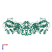 Homo dimeric assembly 1 of PDB entry 2vd5 coloured by chemically distinct molecules, top view.