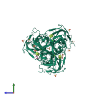 Homo trimeric assembly 1 of PDB entry 2w95 coloured by chemically distinct molecules, side view.