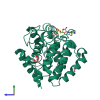 Monomeric assembly 1 of PDB entry 2woe coloured by chemically distinct molecules, side view.