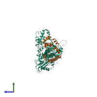 Hetero dimeric assembly 1 of PDB entry 2xaq coloured by chemically distinct molecules, side view.