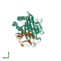 PDB entry 2xfx coloured by chain, side view.