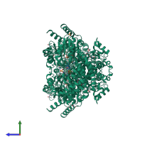 Homo dimeric assembly 1 of PDB entry 2xij coloured by chemically distinct molecules, side view.