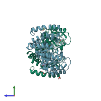 PDB entry 2yda coloured by chain, side view.