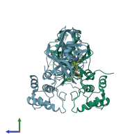 PDB entry 2ynb coloured by chain, side view.