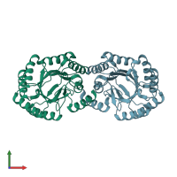 PDB entry 2yr1 coloured by chain, front view.