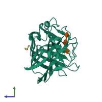 PDB entry 2zac coloured by chain, side view.