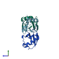 PDB entry 2zcc coloured by chain, side view.