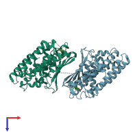 PDB entry 2zdx coloured by chain, top view.