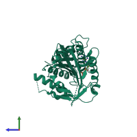 PDB entry 2zfm coloured by chain, side view.