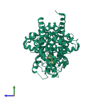 Homo dimeric assembly 1 of PDB entry 2zno coloured by chemically distinct molecules, side view.