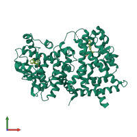 Homo dimeric assembly 2 of PDB entry 2zno coloured by chemically distinct molecules, front view.