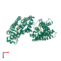 Homo dimeric assembly 2 of PDB entry 2zno coloured by chemically distinct molecules, top view.