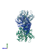 PDB entry 2zqj coloured by chain, side view.