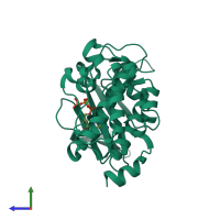 PDB entry 3a99 coloured by chain, side view.