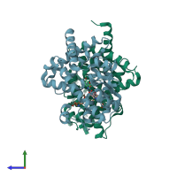 PDB entry 3adu coloured by chain, side view.