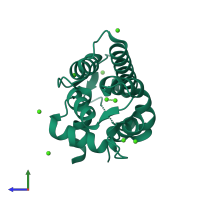 PDB entry 3aka coloured by chain, side view.