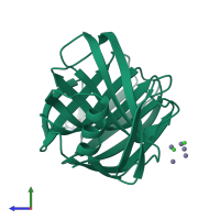 PDB entry 3akq coloured by chain, side view.