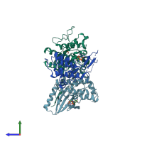 PDB entry 3aln coloured by chain, side view.