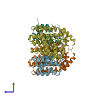 PDB entry 3aqc coloured by chain, side view.
