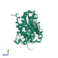 PDB entry 3at3 coloured by chain, side view.