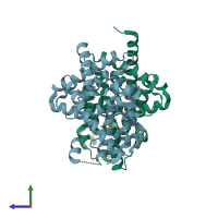 PDB entry 3b0q coloured by chain, side view.