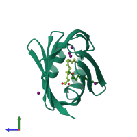 PDB entry 3b2l coloured by chain, side view.