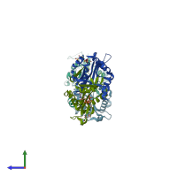 PDB entry 3bj7 coloured by chain, side view.