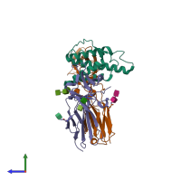 PDB entry 3bpl coloured by chain, side view.