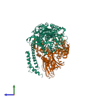 Hetero dimeric assembly 1 of PDB entry 3c7n coloured by chemically distinct molecules, side view.