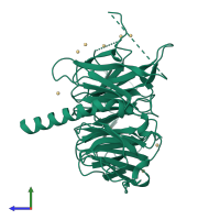 Monomeric assembly 1 of PDB entry 3c99 coloured by chemically distinct molecules, side view.