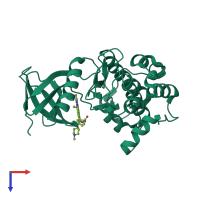 PDB entry 3dbe coloured by chain, top view.