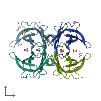 PDB entry 3dgd coloured by chain, front view.